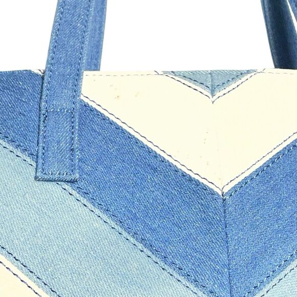 Blue and Cream Chevron Denim Structured Tote Shoulder Bag - Picture 2 of 8